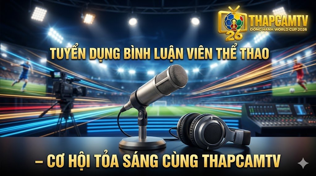 Banner tuyển dụng bình luận viên thể thao chuyên nghiệp tại Thapcamtv, cơ hội tỏa sáng với trang thiết bị phòng thu hiện đại.