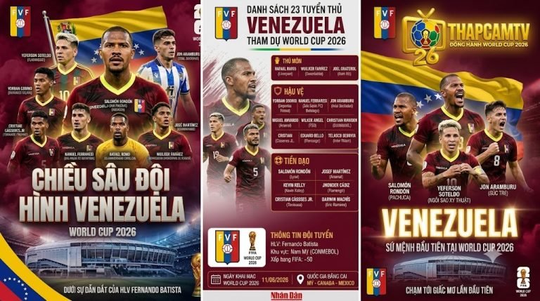 Chiều sâu đội hình tuyển Venezuela năm 2026 với các trụ cột như Salomón Rondón, Yeferson Soteldo và Jon Aramburu do chuyên trang Thapcamtv tổng hợp.