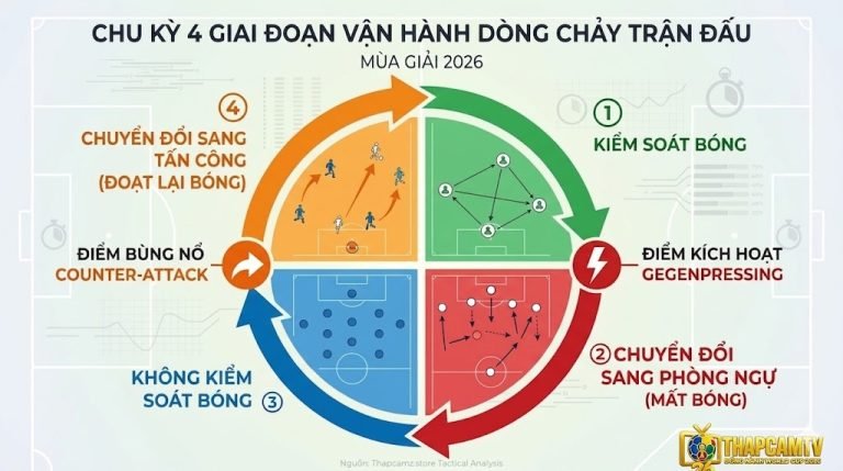 Biểu đồ đồ họa mô phỏng chu kỳ tuần hoàn 4 giai đoạn của một trận đấu bóng đá bao gồm kiểm soát bóng, chuyển đổi sang phòng ngự, không kiểm soát bóng và chuyển đổi sang tấn công.