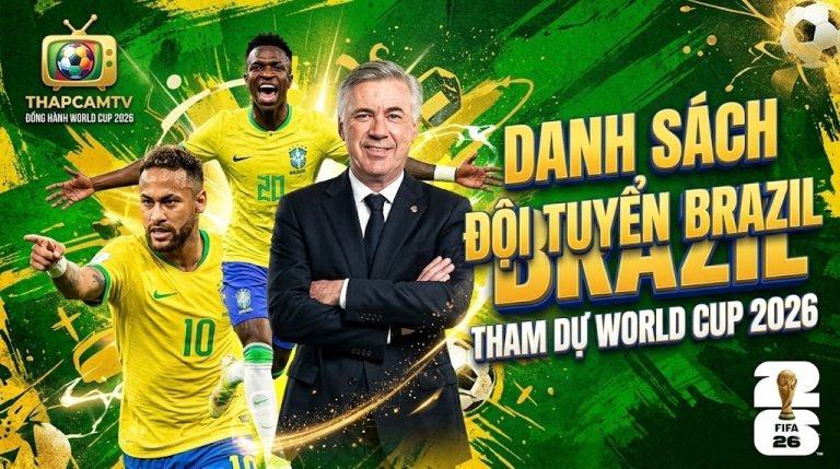 Ảnh bìa danh sách đội hình Brazil dự World Cup 2026 với sự góp mặt của HLV Carlo Ancelotti, Neymar và Vinicius Junior.