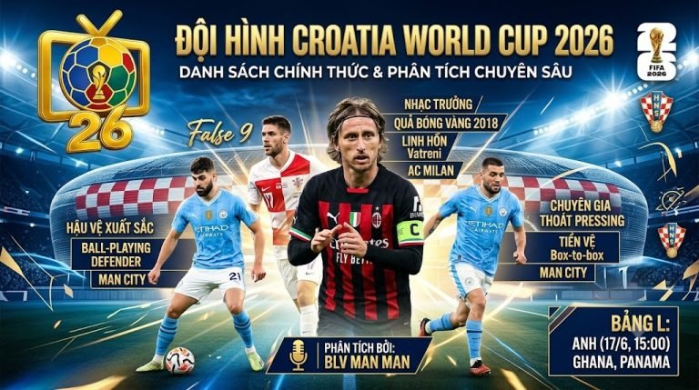 Ảnh ghép đồ họa giới thiệu 3 ngôi sao nổi bật nhất của đội tuyển Croatia tham dự World Cup 2026 trên Thapcamtv: Đội trưởng Luka Modrić (nhạc trưởng), Hậu vệ xuất sắc Joško Gvardiol và Tiền vệ kỹ thuật Mateo Kovačić, kèm theo các đặc điểm chiến thuật chính của từng người.
