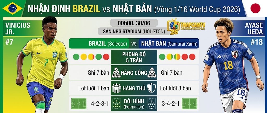Đồ họa nhận định Brazil vs Nhật Bản vòng 1/16 World Cup 2026, với hình ảnh Vinicius Junior và Daizen Maeda, logo ThapcamTV và thông tin trận đấu (00h00, 30/06).