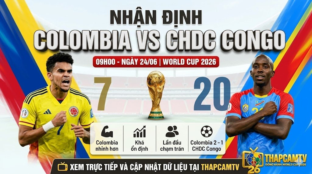 Ảnh bìa nhận định trận đấu Colombia vs CHDC Congo tại World Cup 2026, với sự góp mặt của Luis Diaz và Yoane Wissa cập nhật trên ThapcamTV.