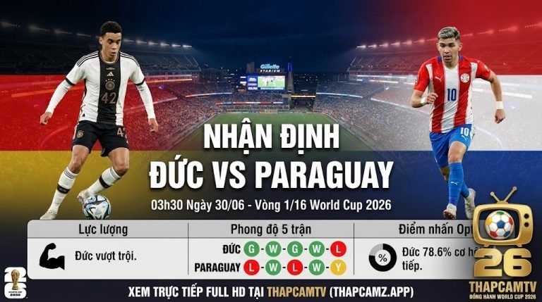 Ảnh bìa tổng quan nhận định trận đấu Đức vs Paraguay vòng 1/16 World Cup 2026, đánh giá lực lượng và phong độ trực tiếp trên nền tảng ThapcamTV.