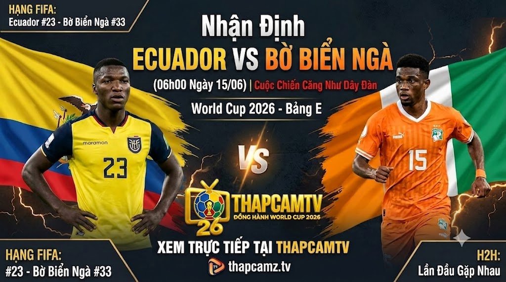 Ảnh bìa nhận định trận đấu Ecuador vs Bờ Biển Ngà (06h00, 15/06) tại bảng E World Cup 2026 trên nền tảng ThapcamTV.