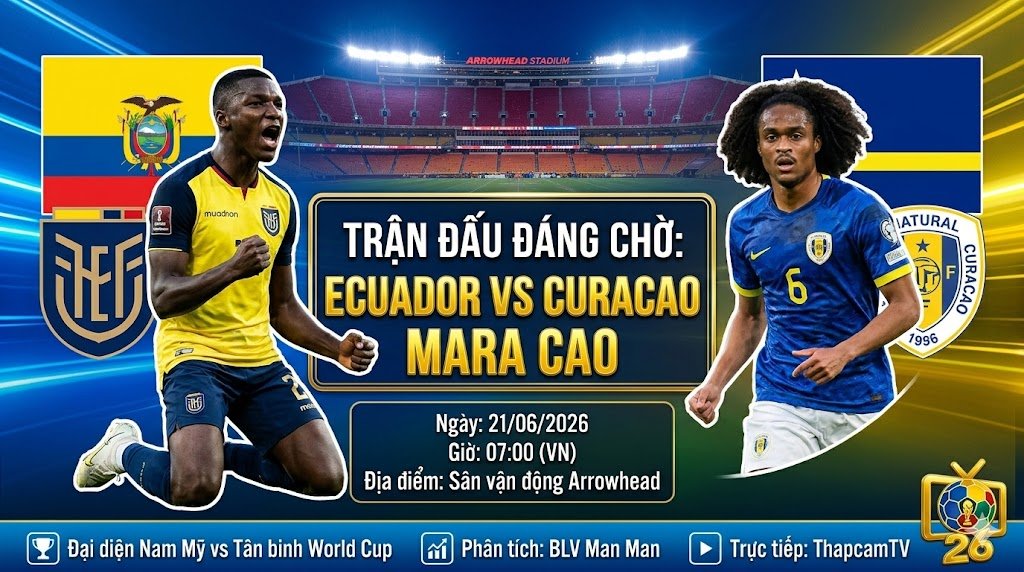 Ảnh bìa nhận định trận đấu Ecuador vs Curacao tại bảng E World Cup 2026, cuộc đối đầu đáng chú ý giữa Moises Caicedo và Tahith Chong trên nền tảng ThapcamTV.