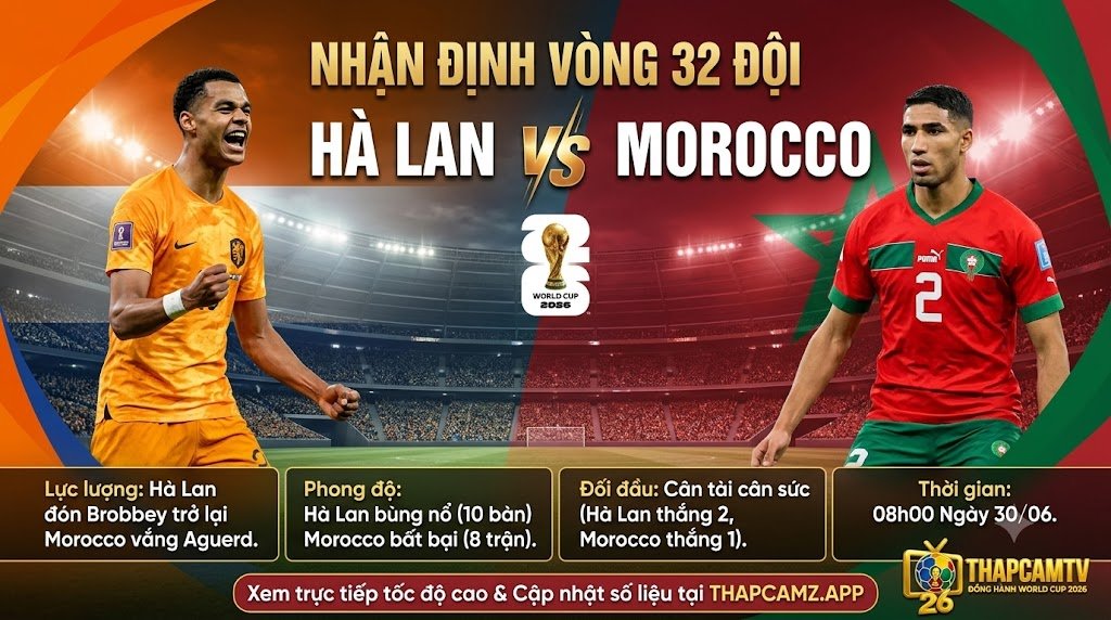 Nhận định trận đấu Hà Lan vs Morocco vòng 32 đội World Cup 2026. Hình ảnh Cody Gakpo đối đầu Achraf Hakimi trước giờ bóng lăn trên nền tảng ThapcamTV.