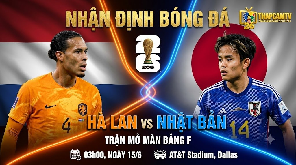 Hình ảnh nhận định tổng quan trận đấu giữa Hà Lan và Nhật Bản tại bảng F World Cup 2026, cập nhật thời gian thi đấu và thông tin phát sóng trực tiếp trên nền tảng ThapcamTV.