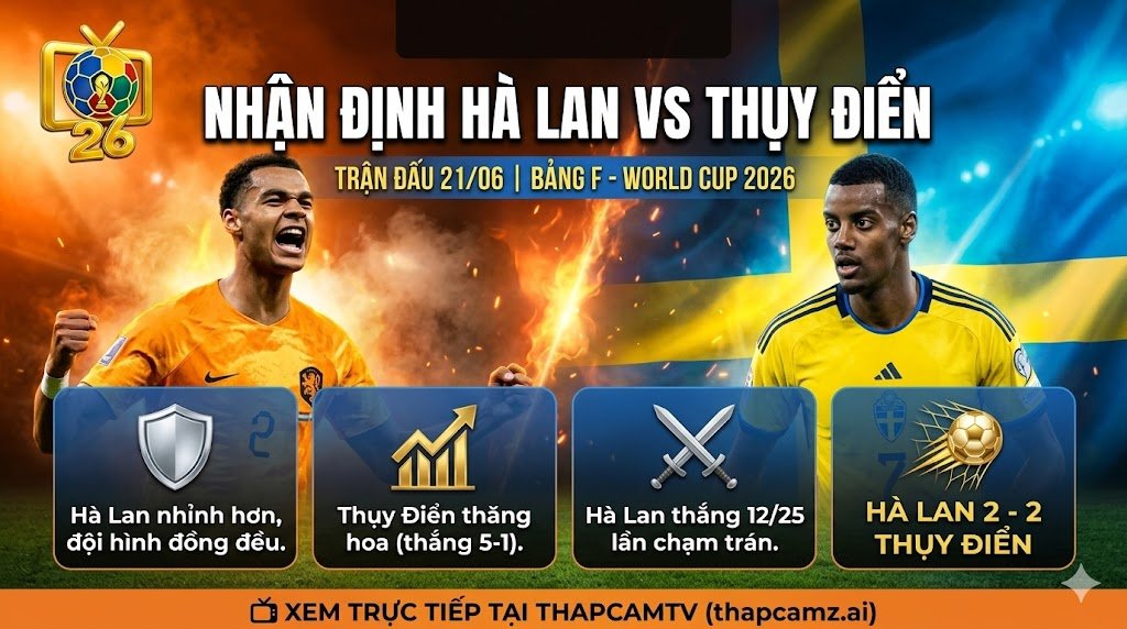 Nhận định bóng đá Hà Lan vs Thụy Điển bảng F World Cup 2026. Phân tích tương quan lực lượng, phong độ và dự đoán tỷ số chuyên sâu cùng nền tảng ThapcamTV.