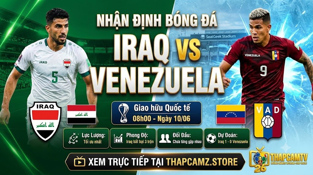 Nhận định bóng đá Iraq vs Venezuela lúc 08h00 ngày 10/06. Phân tích chi tiết lực lượng và phong độ hai đội trước thềm World Cup 2026 trên nền tảng ThapcamTV.
