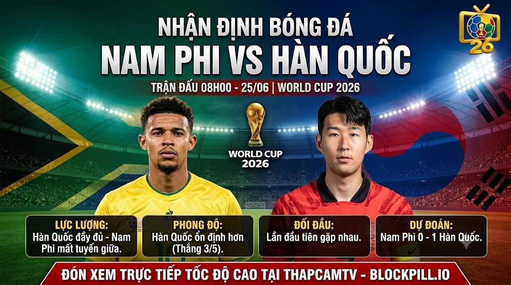Hình ảnh nhận định bóng đá Nam Phi vs Hàn Quốc lúc 08h00 ngày 25/06 bảng A World Cup 2026 chi tiết trên Thapcamtv.