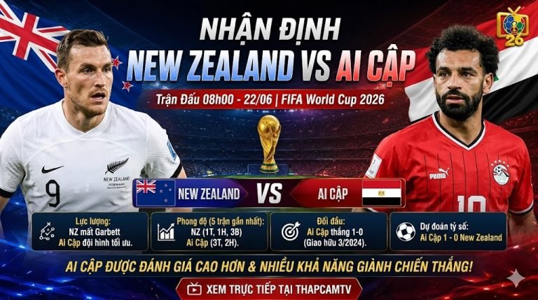 Ảnh bìa nhận định trận đấu New Zealand vs Ai Cập vòng bảng World Cup 2026, phân tích tương quan lực lượng và dự đoán tỷ số cùng chuyên gia BLV Man Man trên nền tảng ThapcamTV.