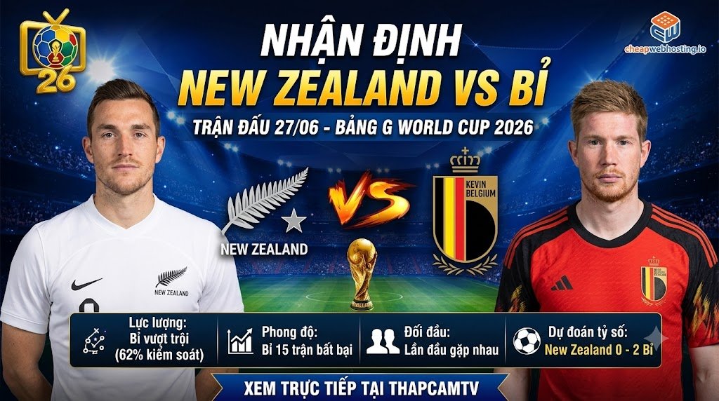 Ảnh bìa nhận định tổng quan trận đấu New Zealand vs Bỉ tại bảng G World Cup 2026, đánh giá tương quan lực lượng và dự đoán trận đấu cùng chuyên gia Thapcamtv.