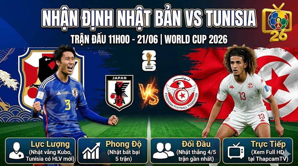 Nhận định trận đấu Nhật Bản vs Tunisia lúc 11h00 ngày 21/06 bảng F World Cup 2026 trên ThapcamTV.
