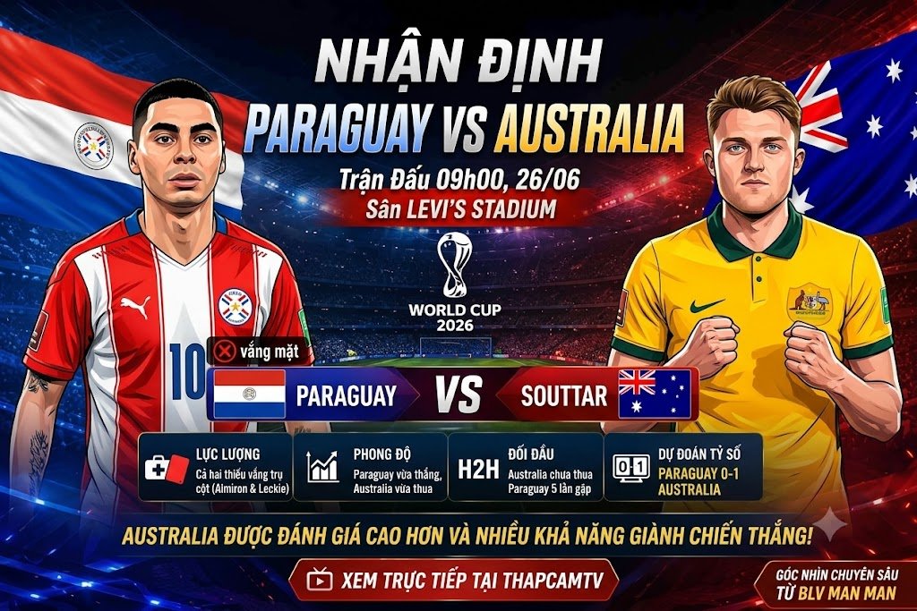 Ảnh bìa nhận định trận đấu World Cup 2026 giữa Paraguay và Australia, hiển thị Miguel Almiron (Paraguay, vắng mặt) và Harry Souttar (Australia) đứng đối mặt với cờ quốc gia phía sau và thông tin về thời gian, địa điểm và dự đoán tỷ số 0-1.