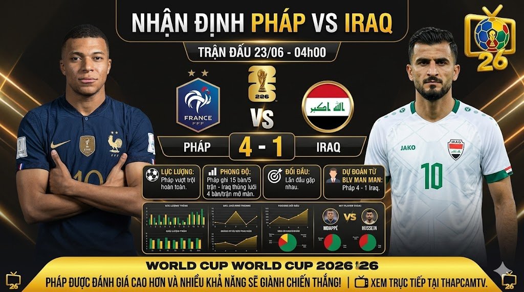 Nhận định chuyên môn trận đấu Pháp vs Iraq tại bảng I World Cup 2026, dự đoán thế trận và tỷ số 4-1 từ chuyên gia ThapcamTV.