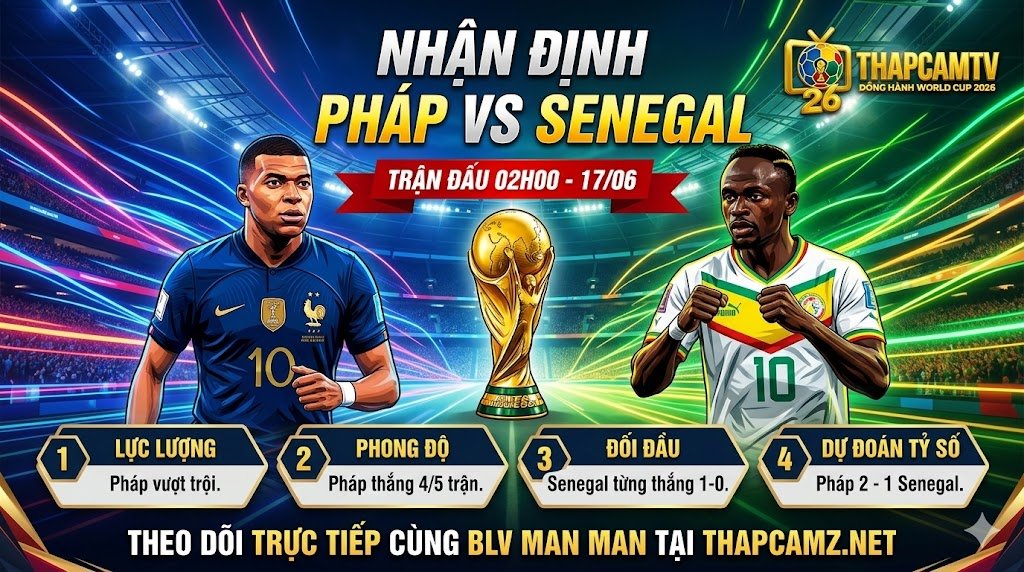 Hình ảnh nhận định trận đấu Pháp vs Senegal lúc 02h00 ngày 17/06 bảng I World Cup 2026, dự đoán tỷ số 2-1 cùng BLV Man Man trên ThapcamTV.