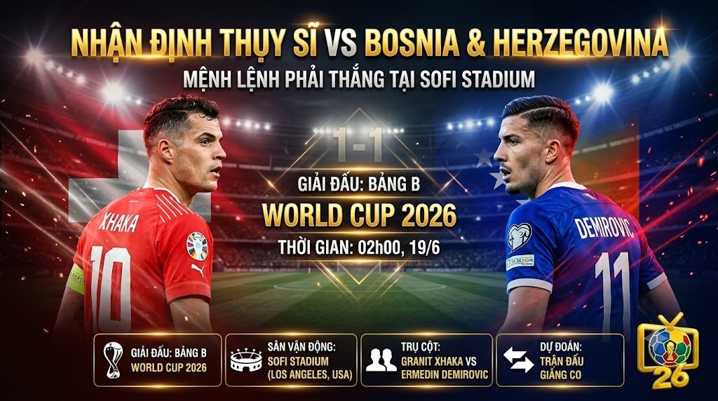 Nhận định Thụy Sĩ vs Bosnia & Herzegovina bảng B World Cup 2026 cùng chuyên gia ThapcamTV, cuộc đối đầu giữa Granit Xhaka và Ermedin Demirovic tại SoFi Stadium.