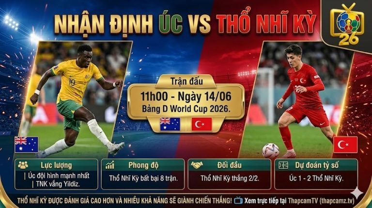 Nhận định bóng đá Úc vs Thổ Nhĩ Kỳ lúc 11h00 ngày 14/06 vòng bảng World Cup 2026 chi tiết cùng ThapcamTV.