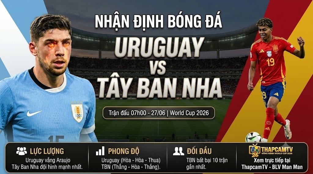 Hình ảnh nhận định bóng đá Uruguay vs Tây Ban Nha bảng H World Cup 2026, tổng hợp thông tin lực lượng và phong độ từ BLV Man Man trên ThapcamTV.
