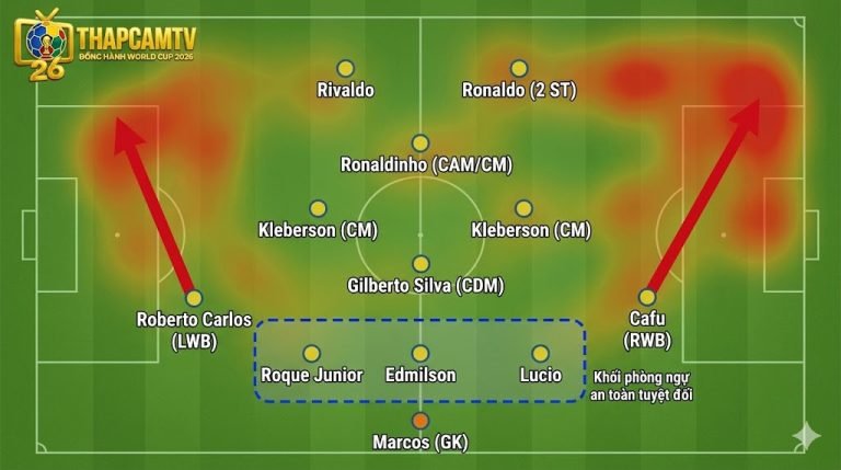 Sơ đồ 5-3-2 của Đội tuyển Brazil tại World Cup 2002 minh họa sự cơ động của bộ đôi Wing-back Roberto Carlos và Cafu khi dâng cao hỗ trợ tấn công.