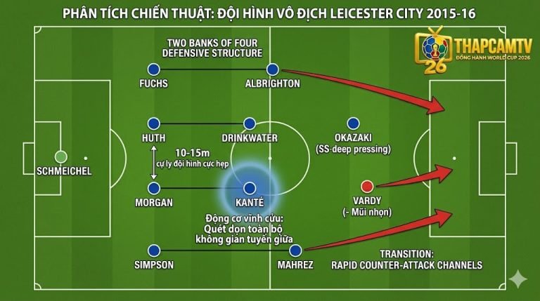 Sơ đồ 4-4-2 phẳng của Leicester City mùa giải 2015/16 minh họa khối phòng ngự hai hàng bốn người và chiến thuật phản công chớp nhoáng - Phân tích bởi Thapcamtv.