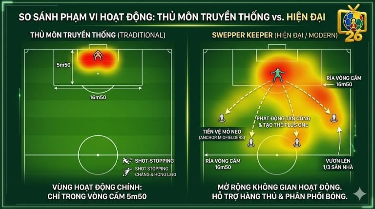Sơ đồ bản đồ nhiệt so sánh phạm vi hoạt động của thủ môn truyền thống và thủ môn quét (sweeper keeper) trong chiến thuật kiểm soát bóng.