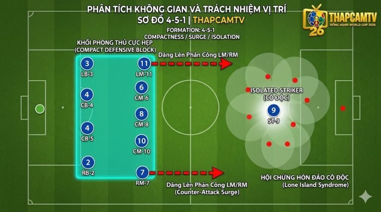 Sơ đồ chiến thuật bóng đá 4-5-1 trên sa bàn với 1 tiền đạo cắm duy nhất