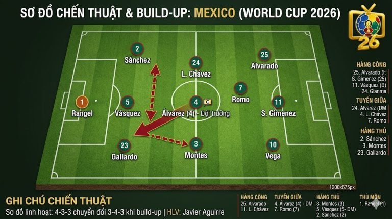 Sơ đồ chiến thuật 4-3-3 linh hoạt và cách vận hành đội hình tuyển Mexico tại World Cup 2026 dưới thời HLV Javier Aguirre.