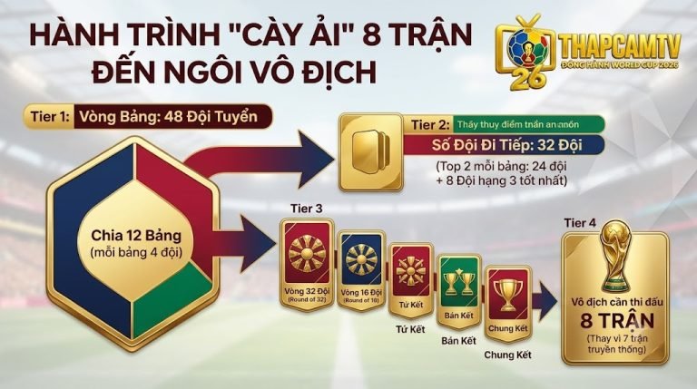 Sơ đồ hành trình vòng loại trực tiếp World Cup 2026. Trực quan hóa thể thức chọn 32 đội đi tiếp từ 12 bảng đấu. Điểm nhấn chiến thuật: Nhà vô địch phải thi đấu kỷ lục 8 trận đấu. Đồ họa phân tích chuyên sâu từ BLV Man Man của Thapcamtv.