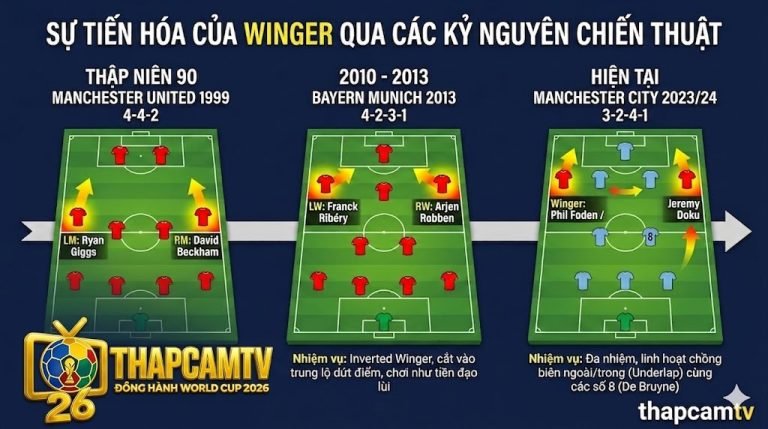 Biểu đồ minh họa sự tiến hóa chiến thuật của vị trí Winger qua các kỷ nguyên từ sơ đồ 4-4-2 cổ điển đến hệ thống chiến thuật hiện đại.