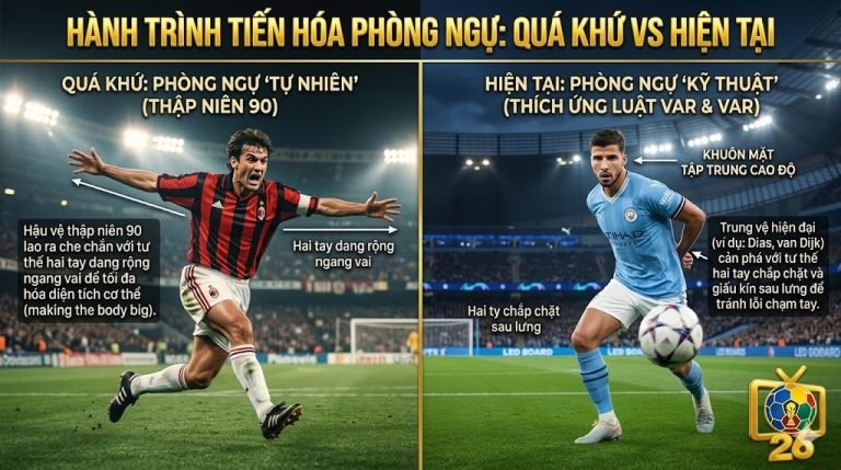 So sánh tư thế vung tay làm to cơ thể của hậu vệ thập niên 90 và kỹ năng chắp tay sau lưng của trung vệ hiện đại để tránh lỗi phạt đền.