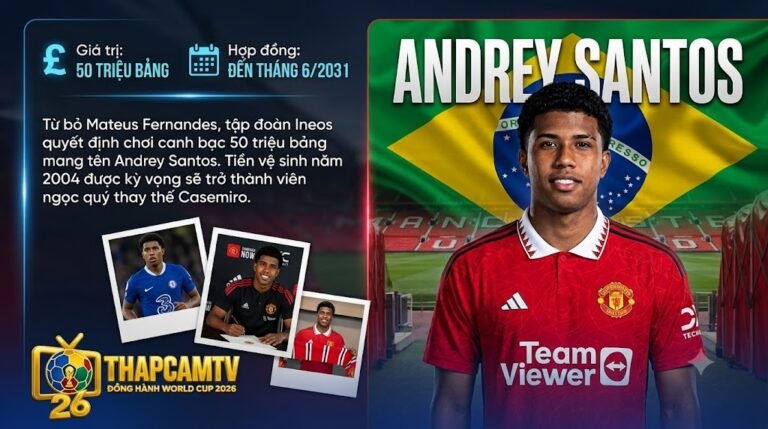 Hình ảnh tiền vệ Andrey Santos chính thức gia nhập Manchester United với bản hợp đồng 50 triệu bảng, đồ họa tóm tắt hồ sơ tân binh cập nhật bởi Thapcamtv.