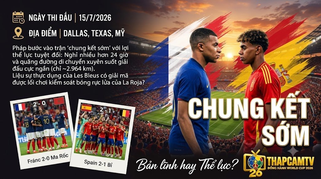 Nhận định trận chung kết sớm bán kết World Cup 2026 giữa ĐT Pháp và Tây Ban Nha, cuộc đối đầu giữa Mbappe và Yamal trên Thapcamtv.