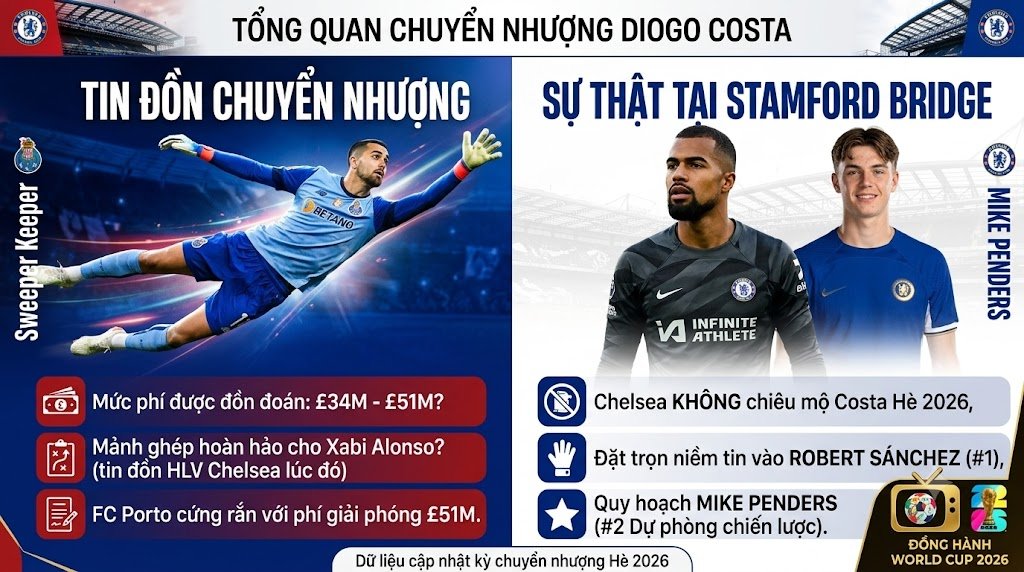Đồ họa chia đôi màn hình phân biệt tin đồn chuyển nhượng Diogo Costa (£34M-£51M?) và sự thật Chelsea không mua Hè 2026, tin tưởng Robert Sánchez.