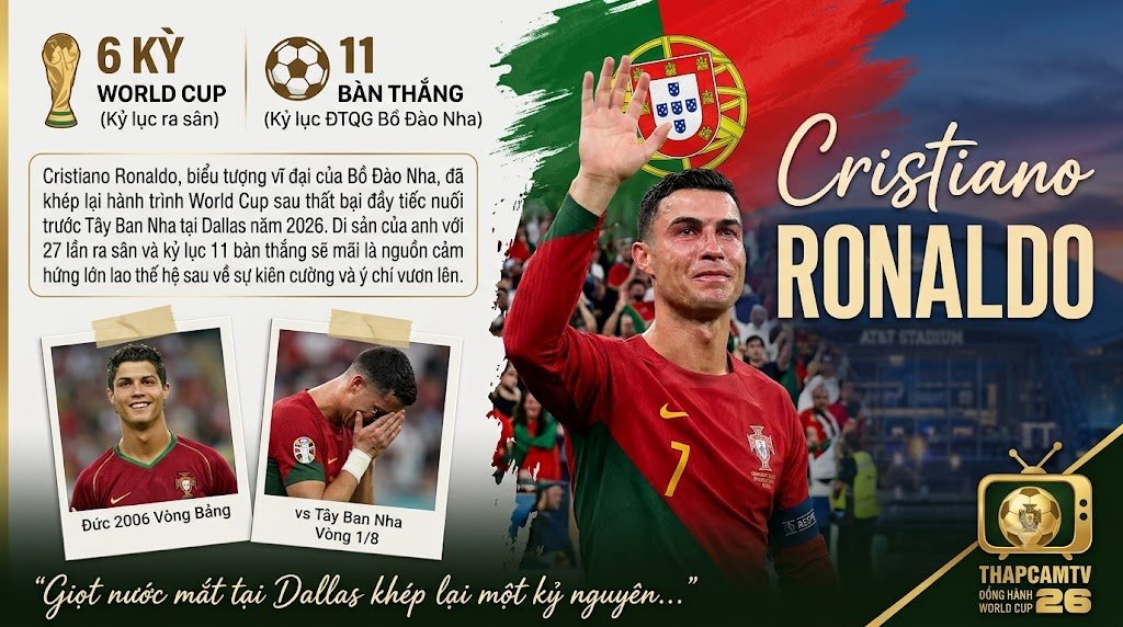 Cristiano Ronaldo bật khóc và vẫy tay chào người hâm mộ sau khi Bồ Đào Nha thất bại trước Tây Ban Nha tại vòng 1/8 World Cup 2026.