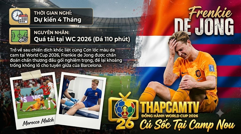Hình ảnh Frenkie de Jong ôm đầu gối đau đớn do chấn thương nghiêm trọng sau kỳ World Cup 2026, để lại khoảng trống lớn cho Barcelona, tin tức cập nhật từ Thapcamtv.