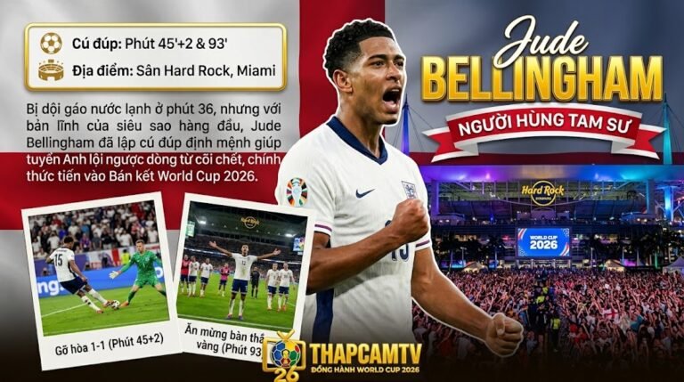 Jude Bellingham ăn mừng đầy cảm xúc sau khi lập cú đúp giúp tuyển Anh lội ngược dòng đánh bại Na Uy 2-1 tại tứ kết World Cup 2026.
