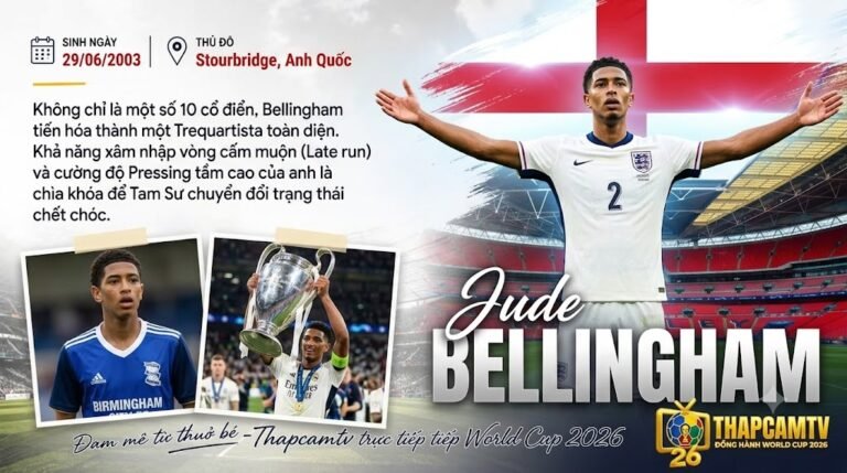 Phân tích chiến thuật vai trò Trequartista của Jude Bellingham trong đội hình tuyển Anh tại World Cup 2026 - Đồ họa bởi Thapcamtv.