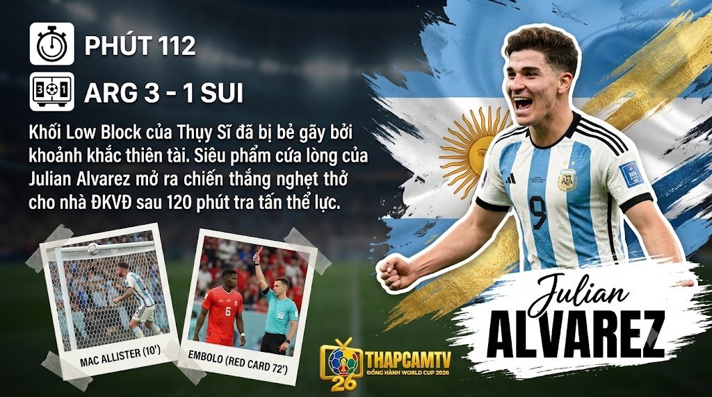 Julian Alvarez ăn mừng siêu phẩm giúp Argentina đánh bại Thụy Sĩ 3-1 tại tứ kết World Cup 2026 - Theo dõi tin tức trên Thapcamtv.