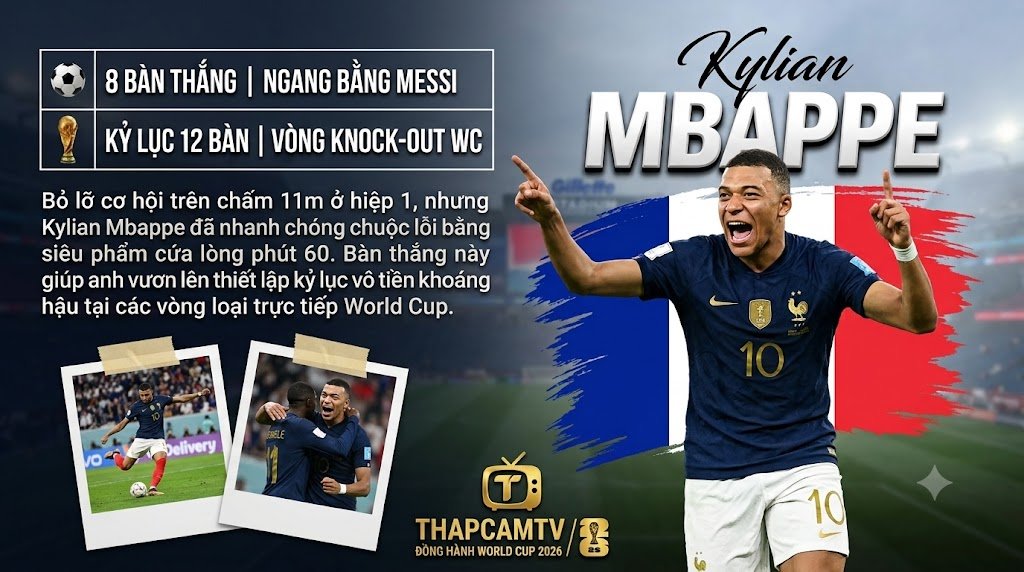Kylian Mbappe ăn mừng bàn thắng vào lưới Morocco, thiết lập kỷ lục 12 bàn thắng tại các vòng knock-out World Cup 2026.