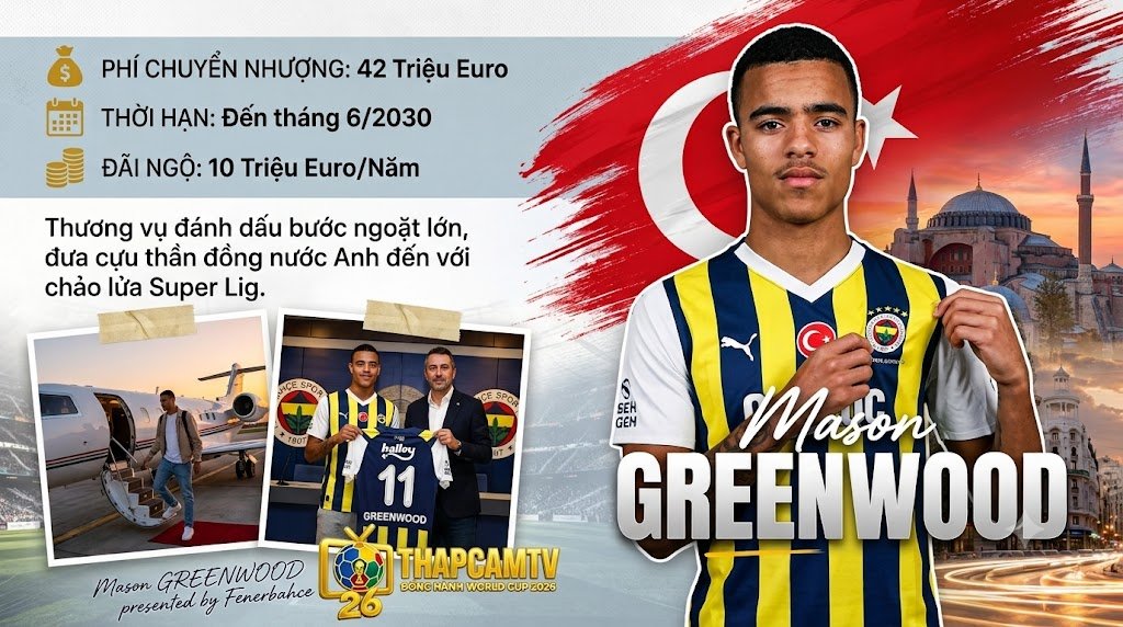 Hình ảnh Mason Greenwood chính thức ra mắt câu lạc bộ Fenerbahce kèm thông tin chi tiết về mức phí chuyển nhượng 42 triệu Euro và thời hạn hợp đồng.