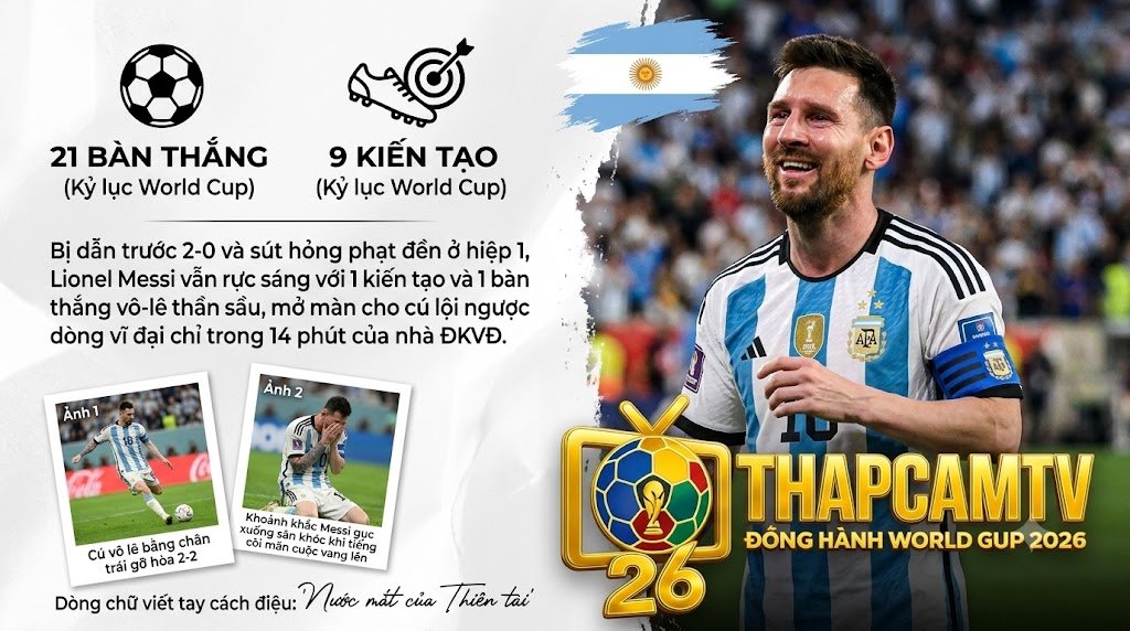Lionel Messi ăn mừng đầy cảm xúc sau màn lội ngược dòng 3-2 của Argentina trước Ai Cập tại vòng 1/8 World Cup 2026, thiết lập kỷ lục 21 bàn thắng.
