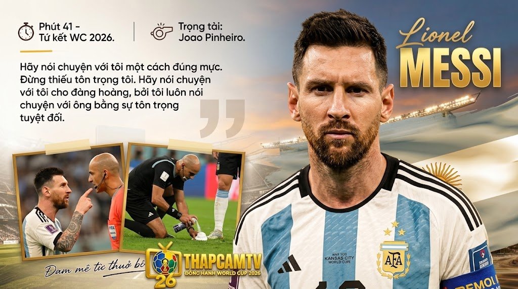 Lionel Messi bức xúc chỉ tay vào mặt trọng tài Joao Pinheiro do không hài lòng về cách giao tiếp trong trận tứ kết World Cup 2026 giữa Argentina và Thụy Sĩ.