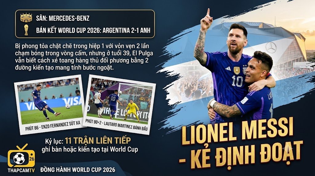 Lionel Messi ăn mừng cảm xúc sau khi lập cú đúp kiến tạo giúp Argentina ngược dòng đánh bại tuyển Anh 2-1 tại bán kết World Cup 2026, hình ảnh từ Thapcamtv.