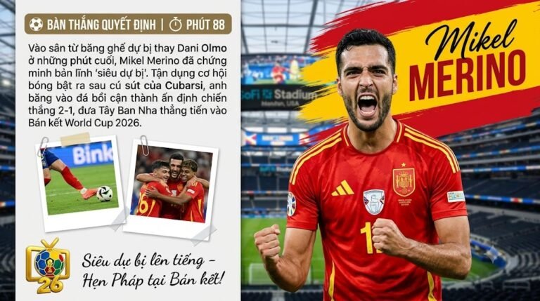 Mikel Merino ăn mừng đầy cảm xúc sau khi ghi bàn thắng quyết định ở phút 88, giúp Tây Ban Nha đánh bại Bỉ 2-1 tại tứ kết World Cup 2026.