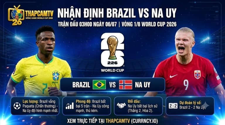 Ảnh bìa nhận định trận đấu Brazil vs Na Uy tại vòng 1/8 World Cup 2026, cuộc đối đầu tâm điểm giữa Vinicius Junior và Erling Haaland trên Thapcamtv.
