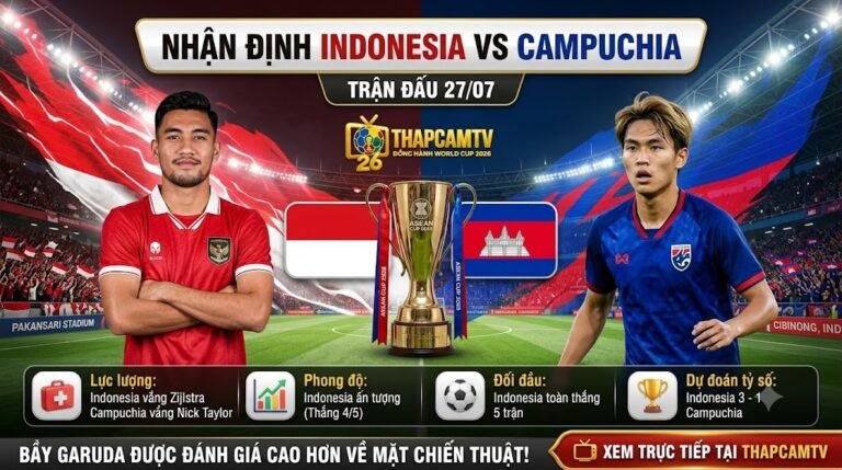 Nhận định tổng quan trận đấu Indonesia vs Campuchia tại vòng bảng ASEAN Cup 2026. Đánh giá lực lượng và phong độ chi tiết từ chuyên gia ThapcamTV.