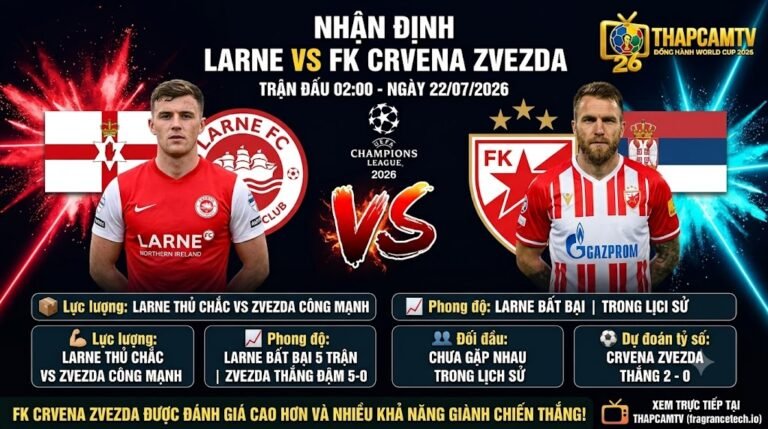 Nhận định bóng đá trận Larne vs FK Crvena Zvezda vòng loại Cúp C1 ngày 22/07/2026 cùng chuyên gia Thapcamtv.