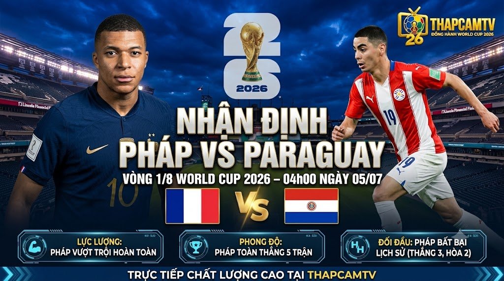 Nhận định bóng đá Pháp vs Paraguay vòng 1/8 World Cup 2026, cuộc đối đầu điểm nóng giữa Kylian Mbappe và Miguel Almiron cập nhật chi tiết tại Thapcamtv.